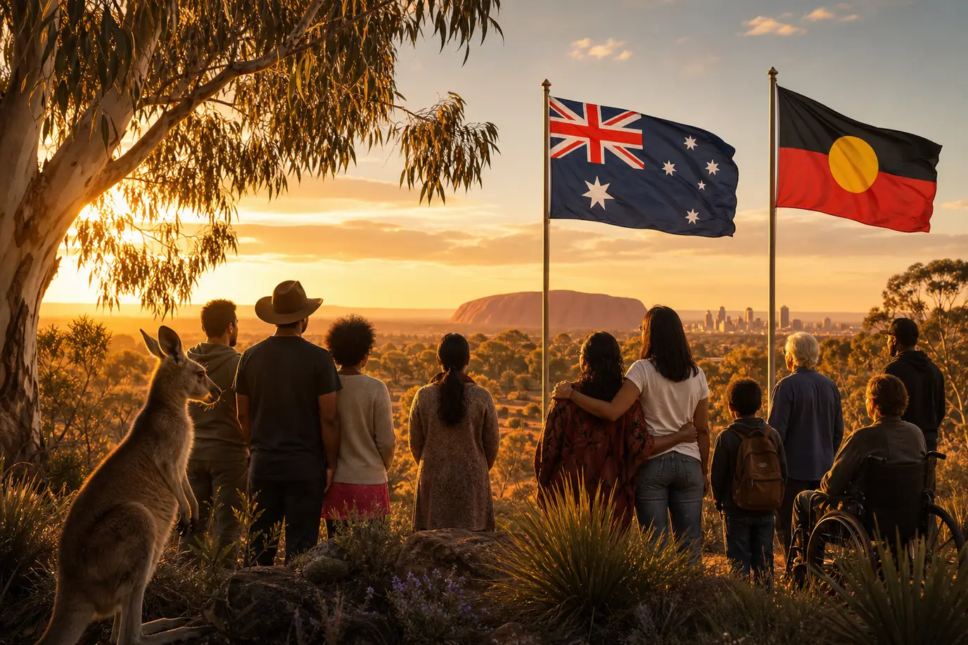 Australia: nature, community, Australian and Aboriginal flags — a fair go for new Australians