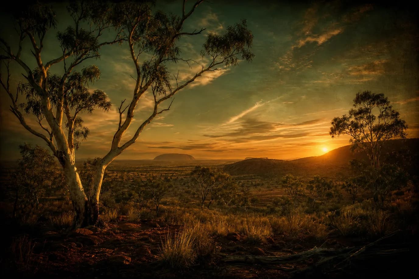 Warm dawn over abstract Australian landscape, eucalyptus silhouettes and golden sky