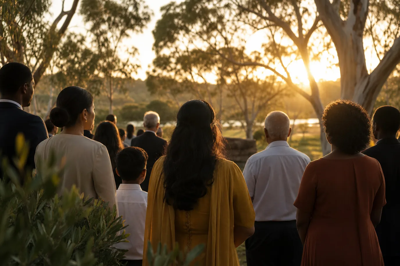 Diverse silhouettes at an outdoor citizenship ceremony in warm golden light