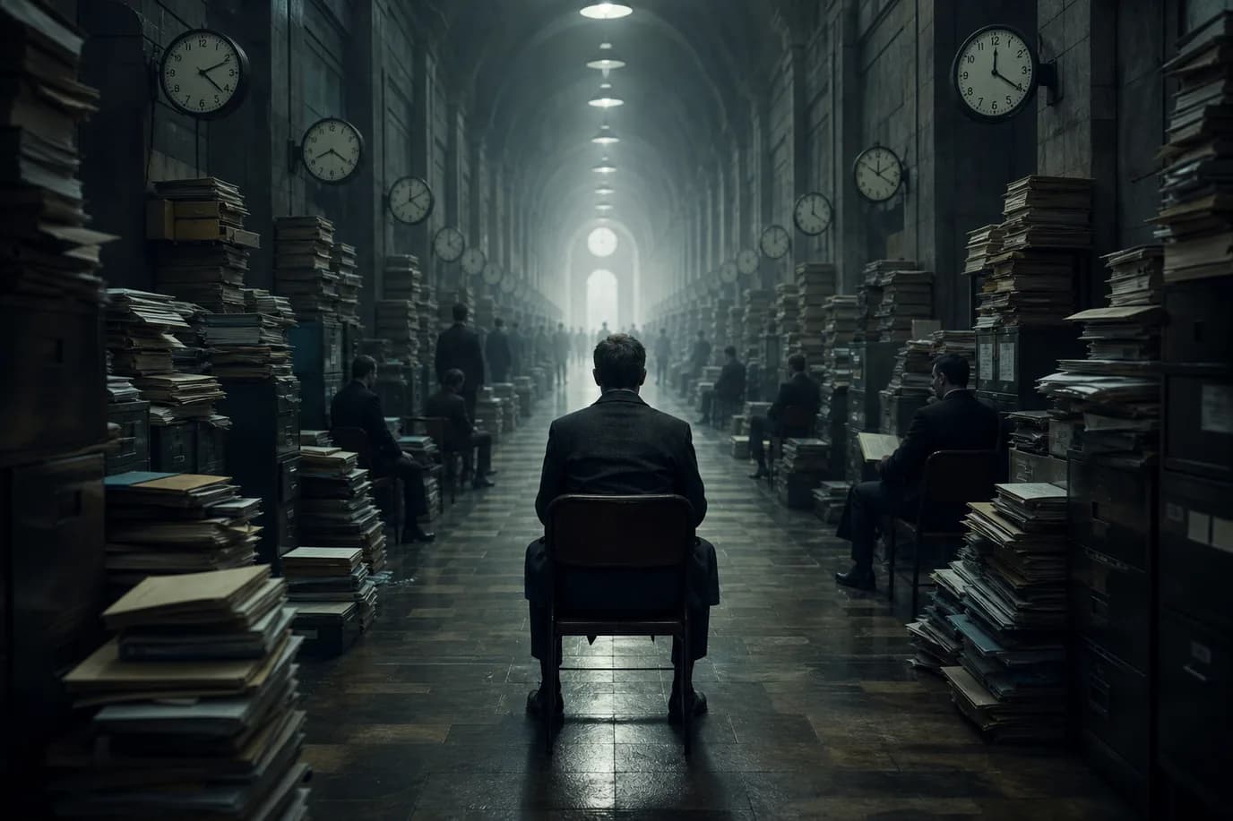 Symbolic corridor with paperwork and clocks suggesting long administrative waits