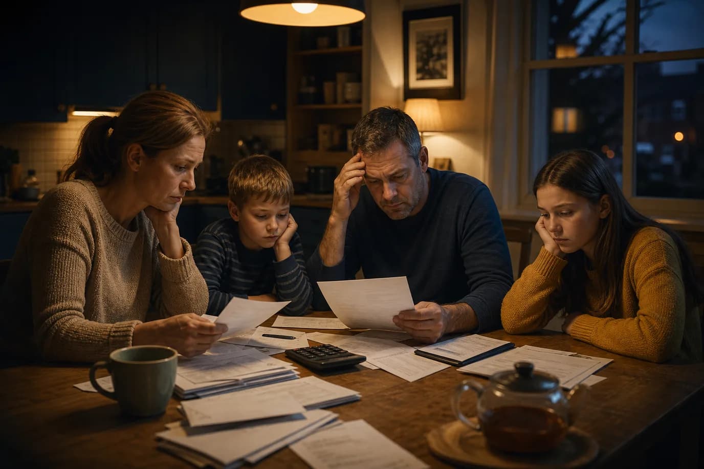 Kitchen table at night with bills and calculator, dignified cost-of-living mood