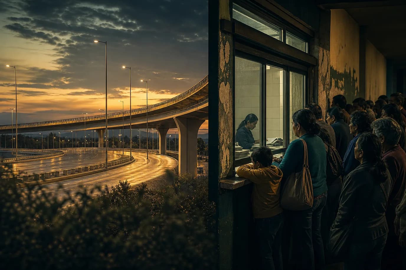 Contrast between large empty infrastructure and a humble crowded service window