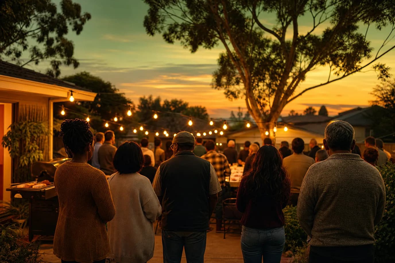 Neighbours gathering at suburban dusk, warm community solidarity