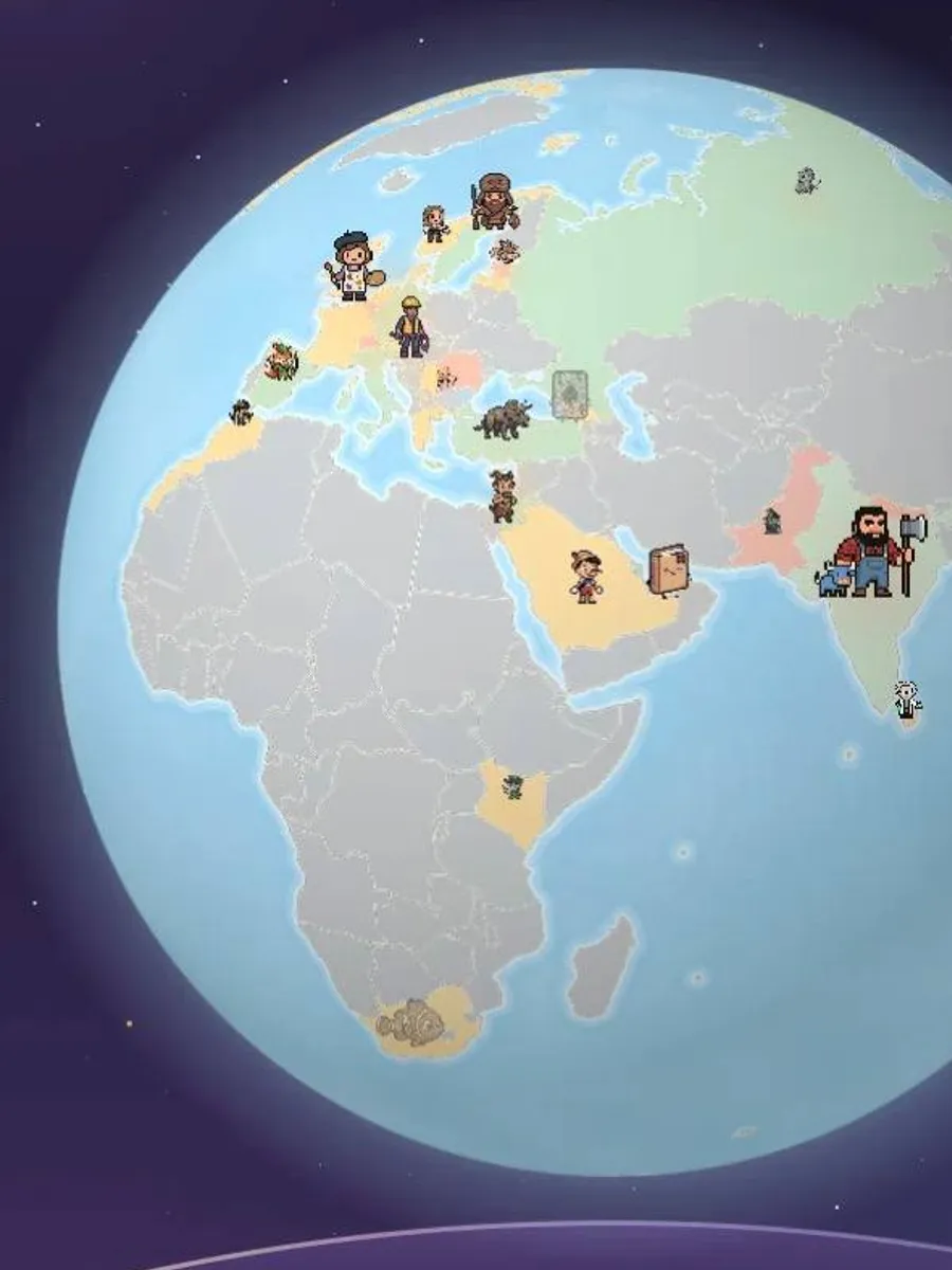Pixel globe of Cosmic Gift themes across Earth