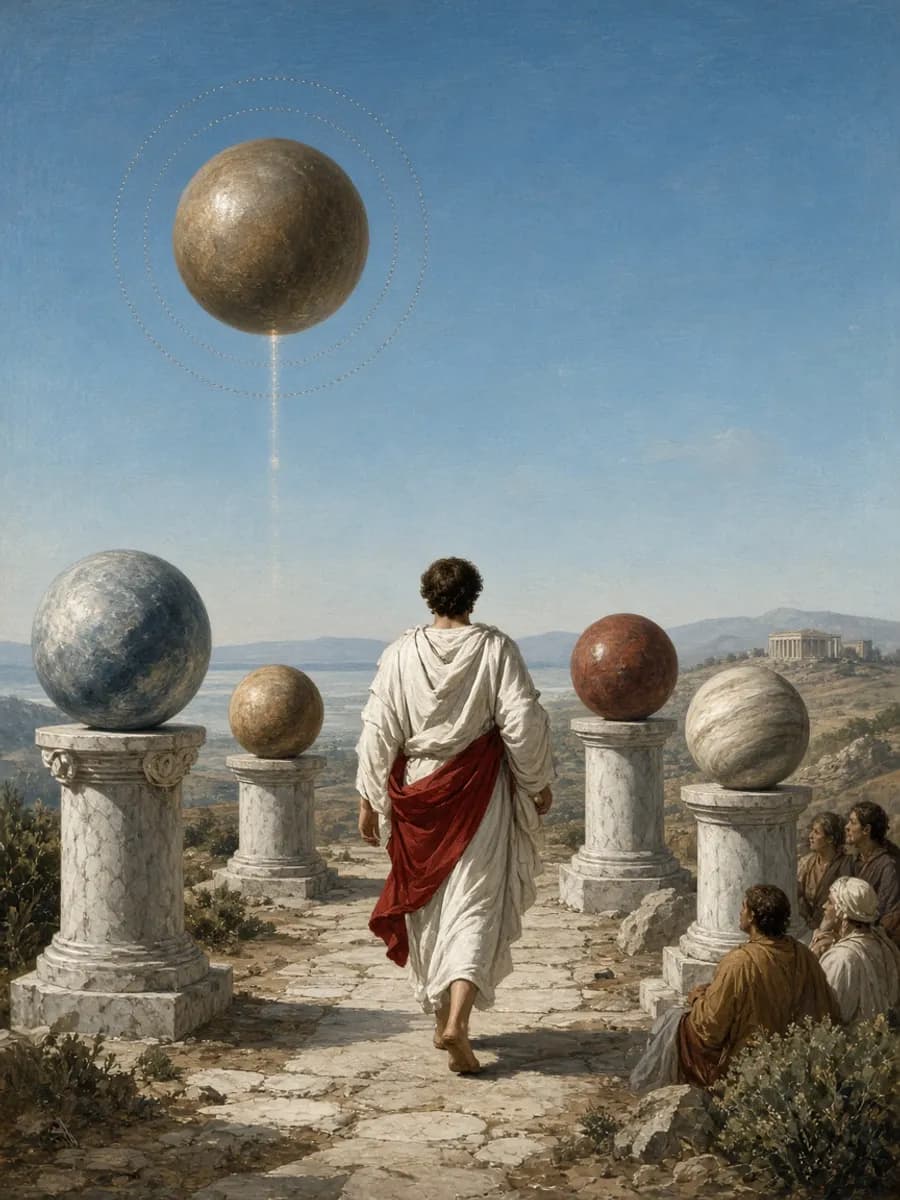 Neoclassical traveler visiting planetary spheres on marble pedestals