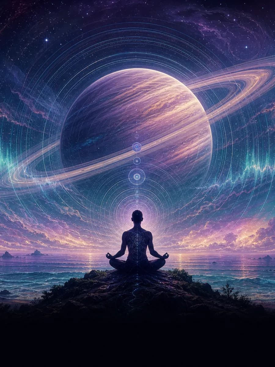 Cosmic meditation art with planets and sound waves
