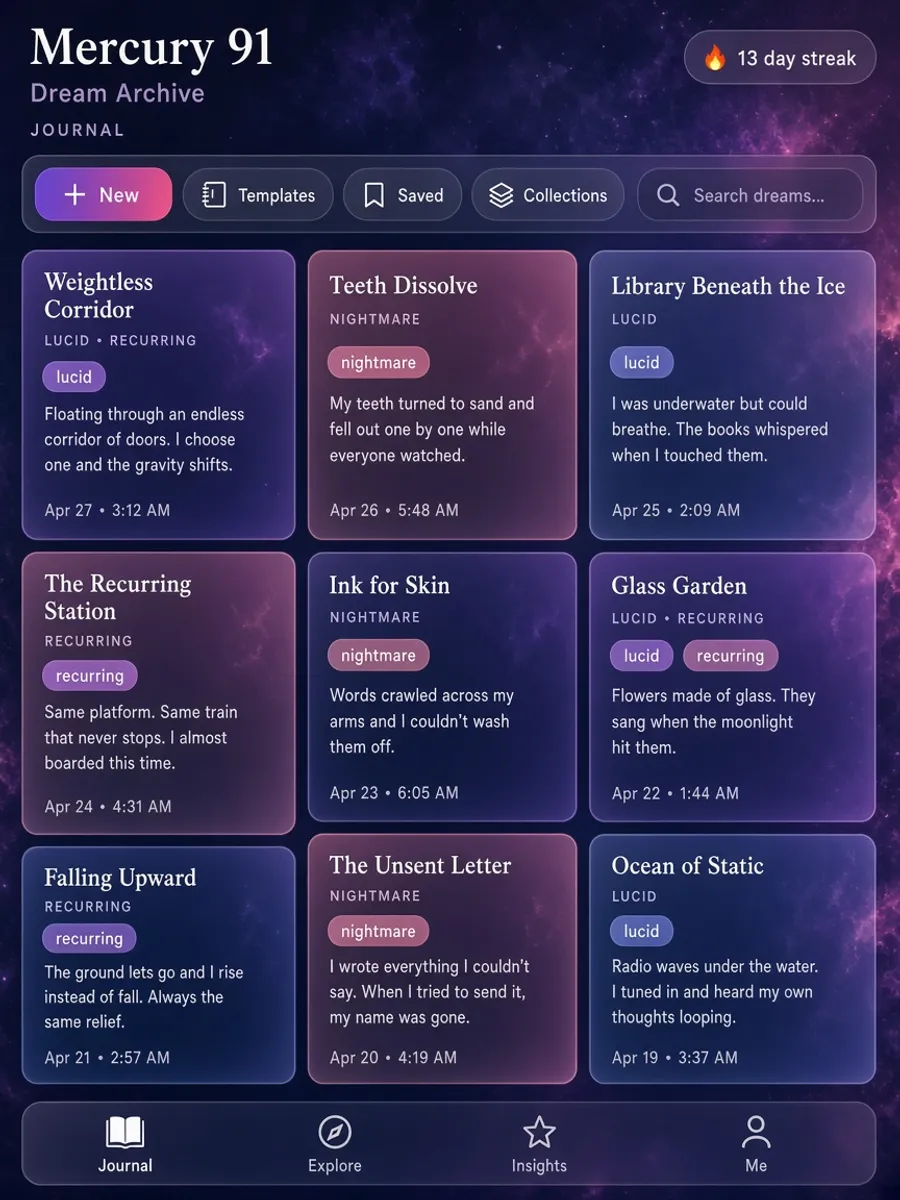 Mercury 91 Dream Archive with glass filters and tagged dream cards