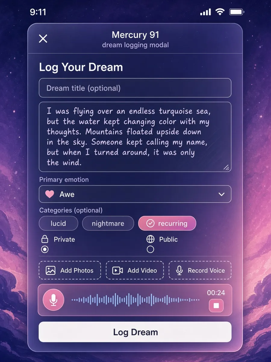 Log Your Dream glass modal with voice waveform and category pills