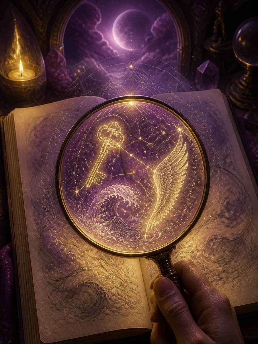 Dream image constellations of key, water, door, and flight in violet and cyan
