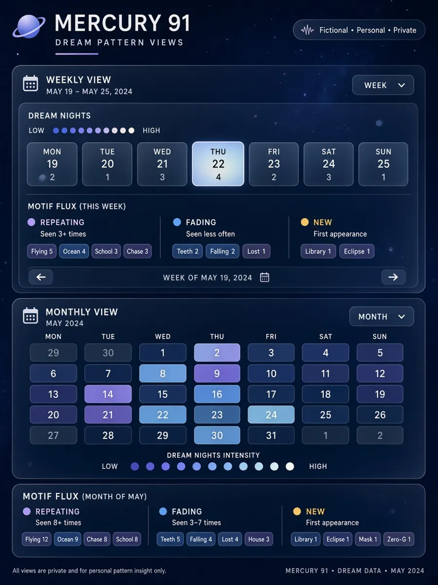 Weekly and monthly dream pattern views in Mercury 91