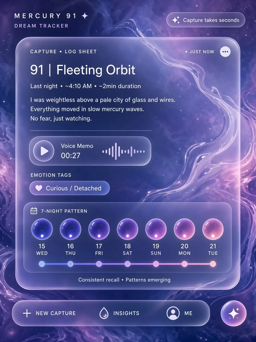 Quick dream tracker capture with a filled night calendar strip