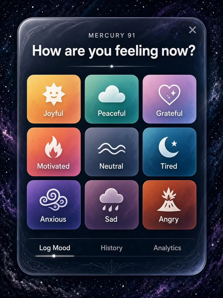 Mood tracker modal with a grid of nine gradient mood tiles