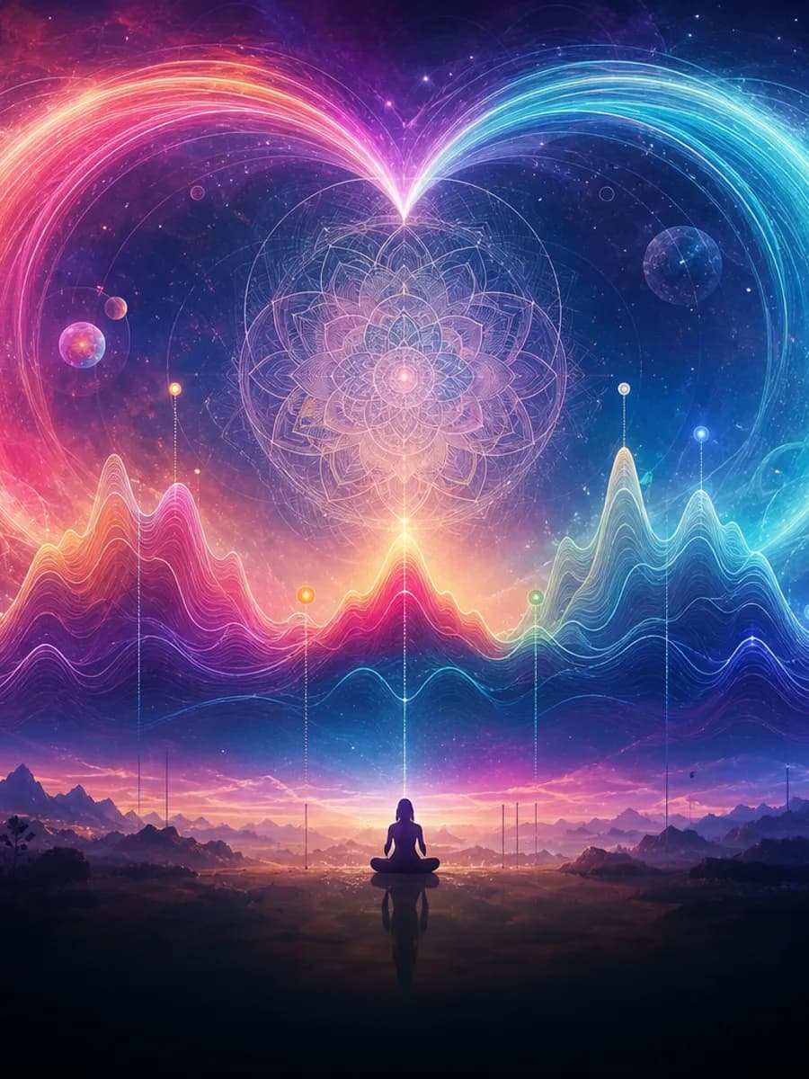Mood tracker art with heart spectrum and cosmic waves