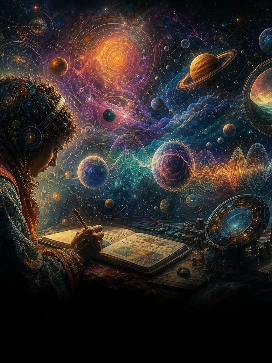 Multimedia planetary journal art with orbiting worlds
