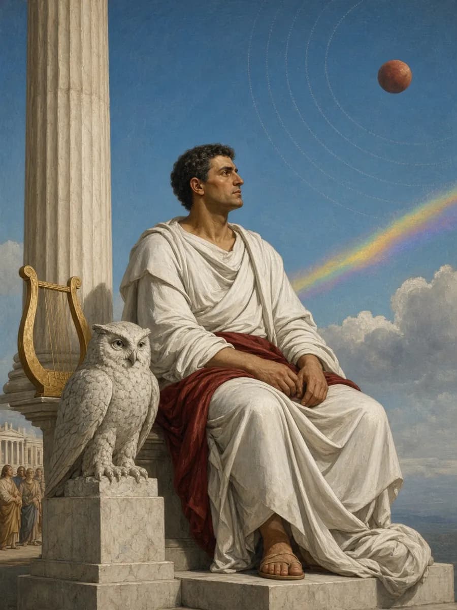 Neoclassical seated guide with a small Mercury planet aloft