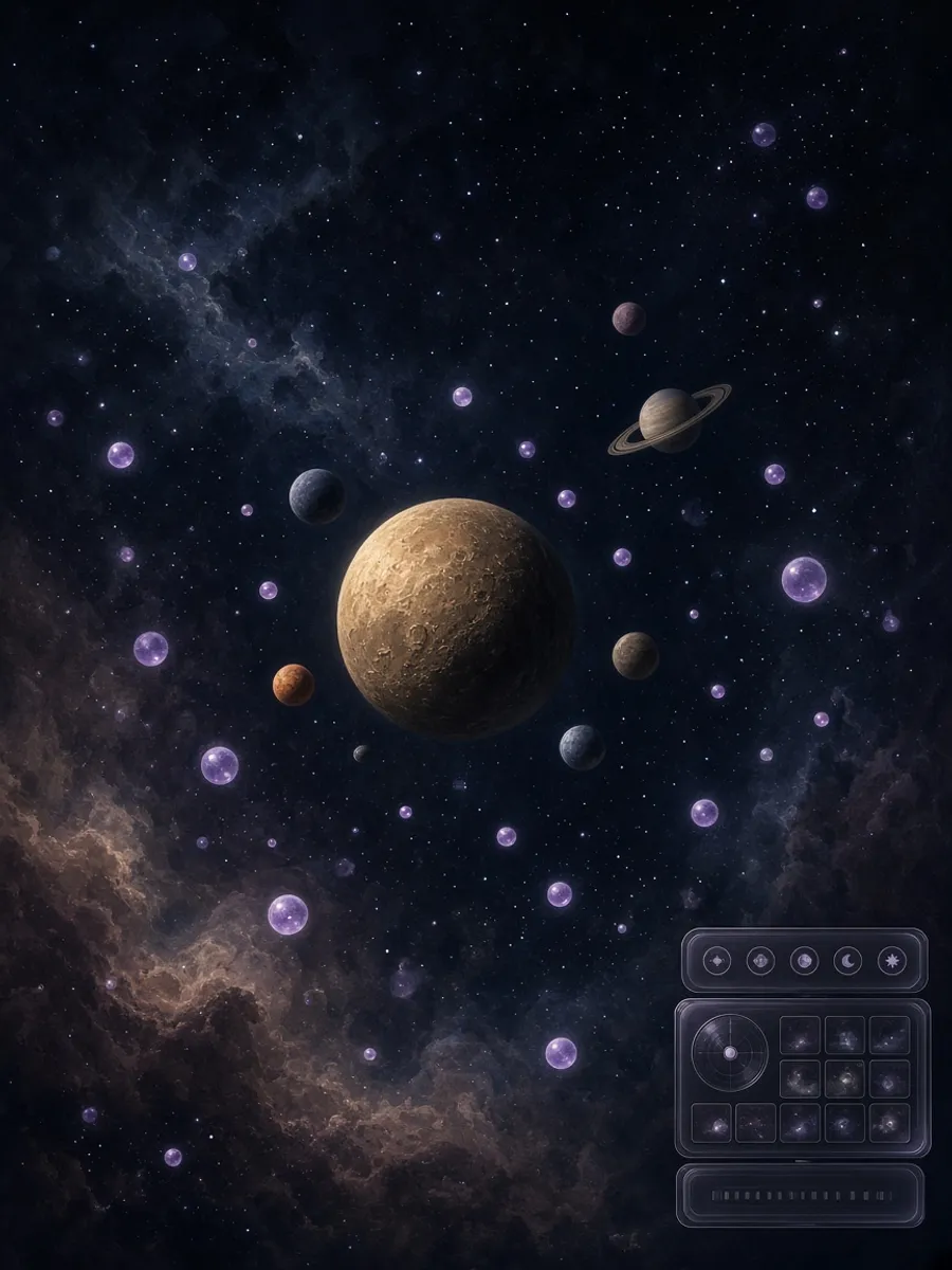 Mercury 91 3D universe at night with dream orbs and a corner HUD dock