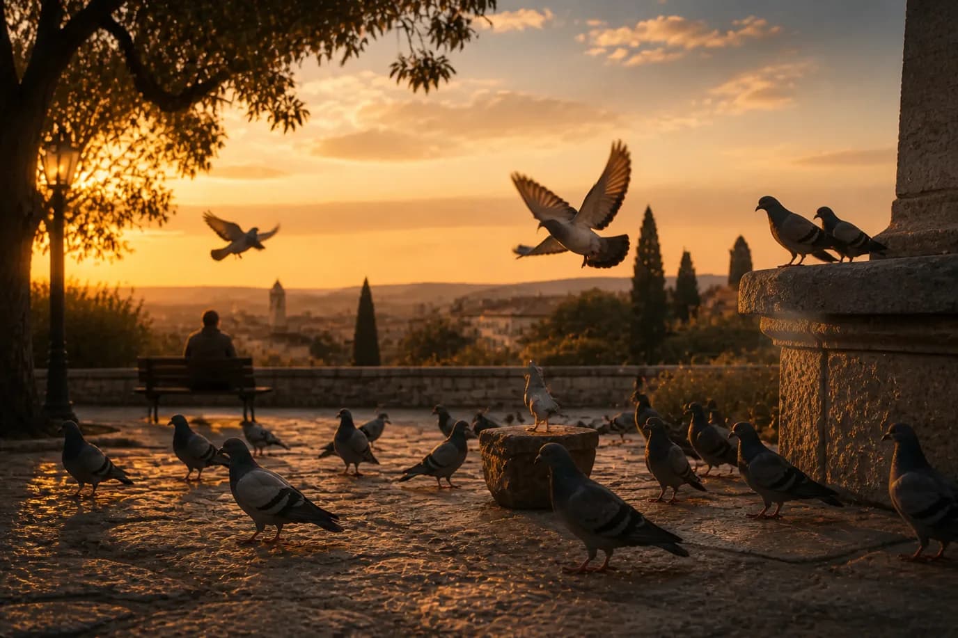 Pigeons at rest on a quiet plaza at golden hour, soft sunset light and calm atmosphere