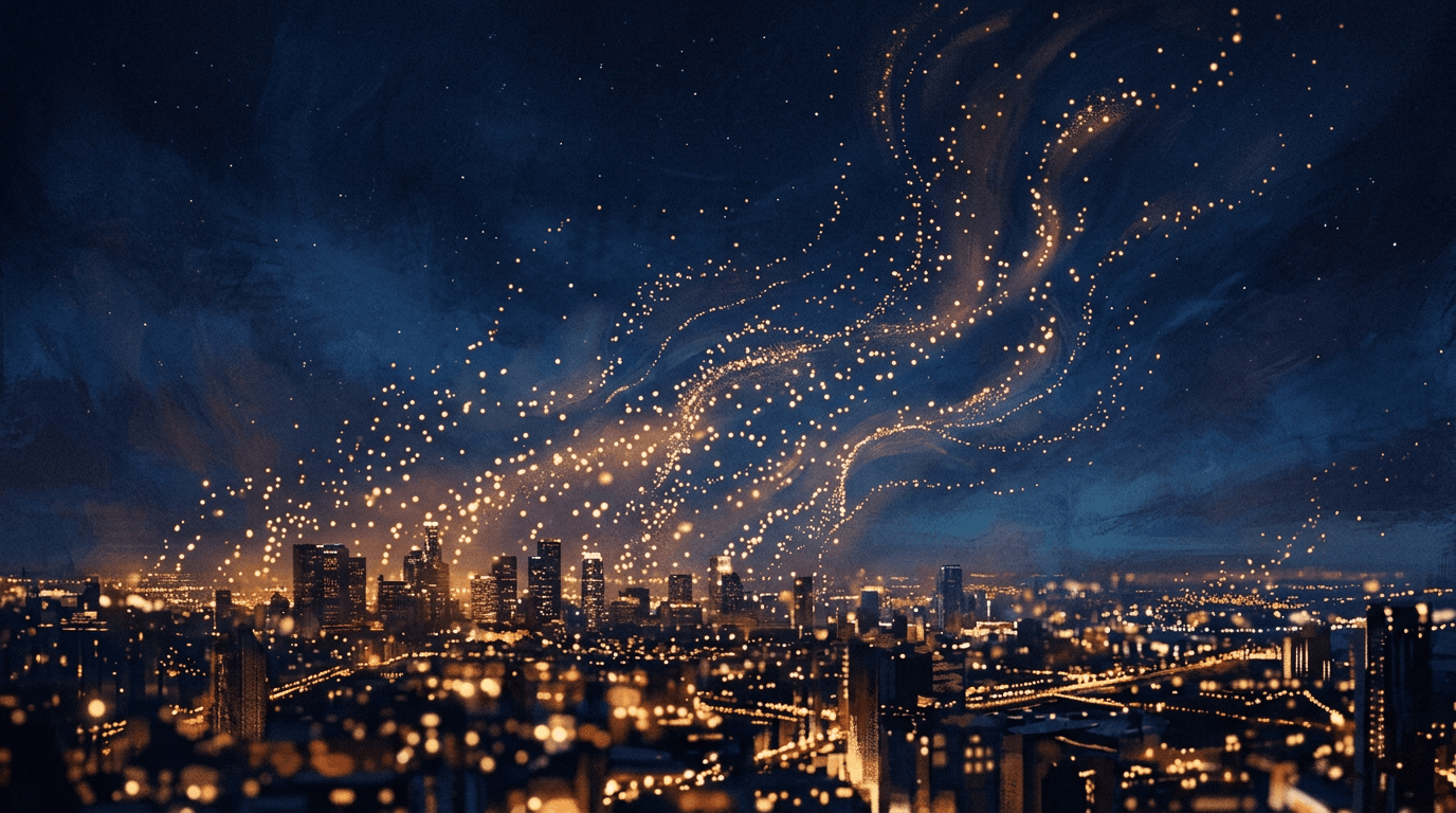 Abstract night scene: many small lights rising into darkness, symbolic of voices and hope