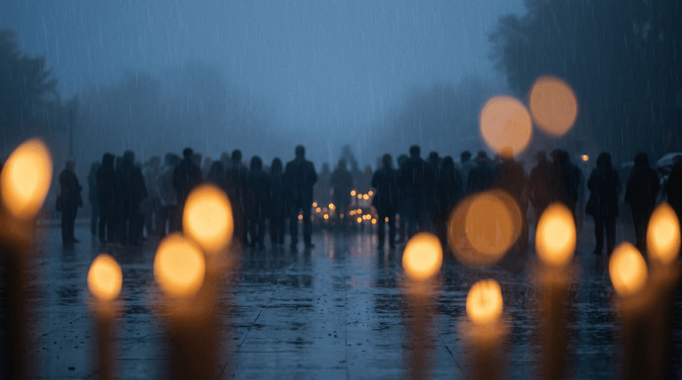 Solemn abstract memorial atmosphere with soft light and distant silhouettes