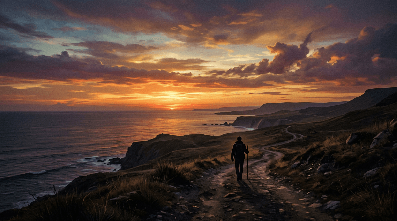 Silhouette walking toward a warm sunset horizon, symbolic of exile and journey