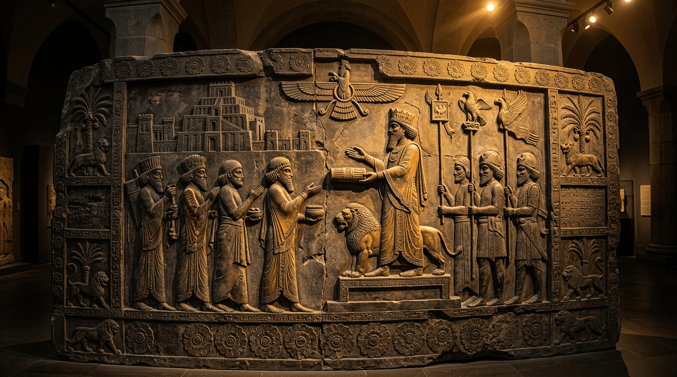Ancient Persian relief–style art suggesting historical dignity and civilization
