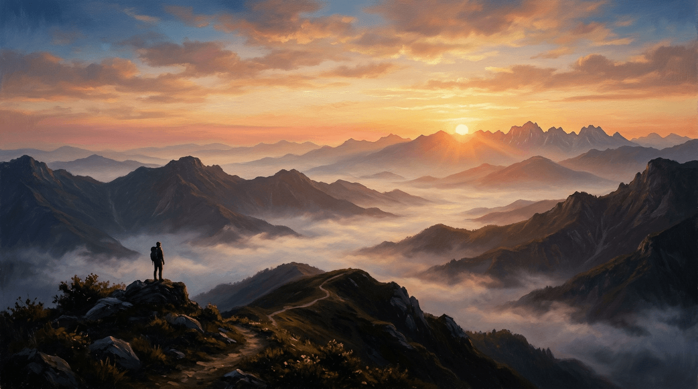 Sunrise over mountains, warm light symbolizing hope and renewal