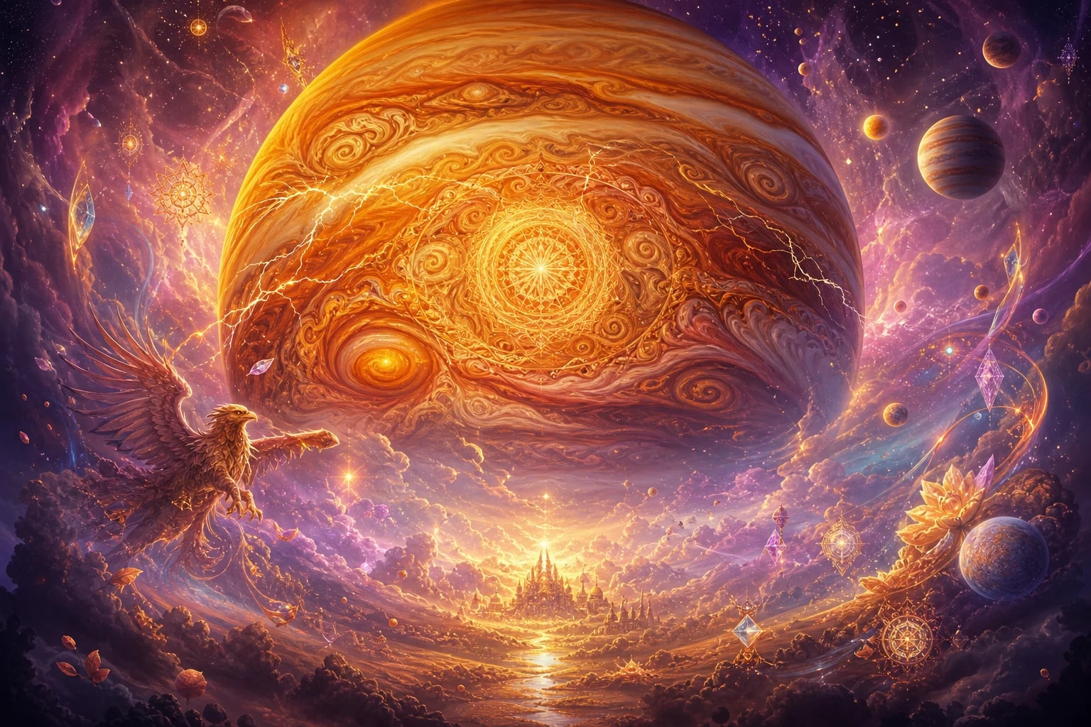 Psychedelic dream vision of Jupiter and creative cosmic exploration