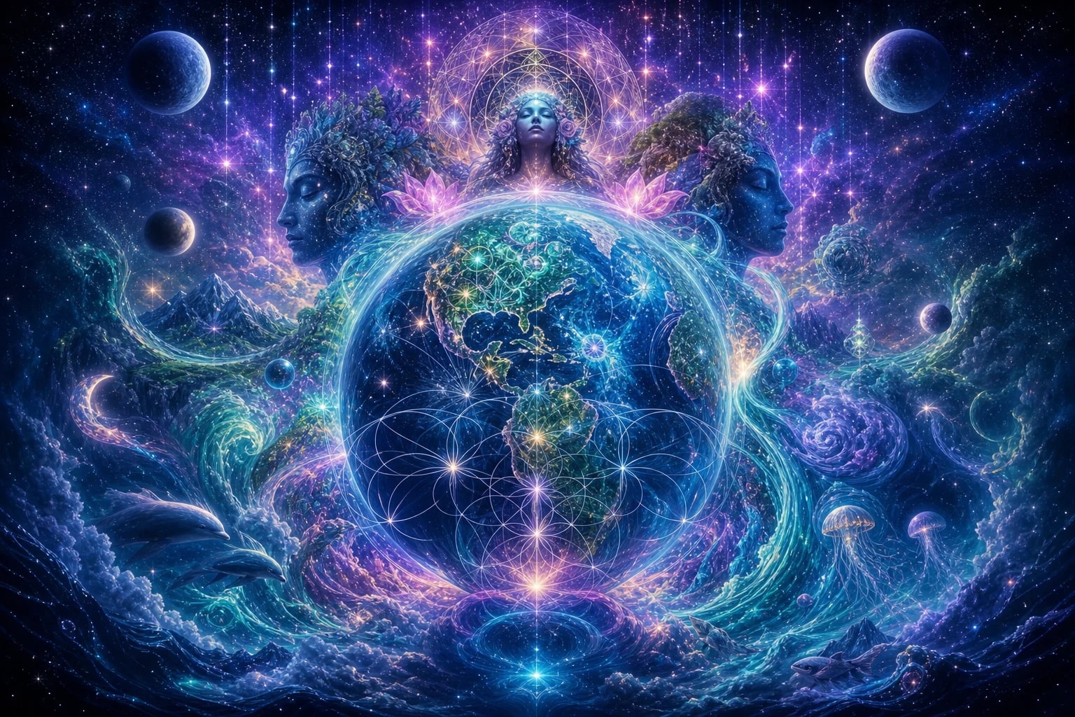Psychedelic dream vision of Earth and Kindred Sky cosmic consciousness
