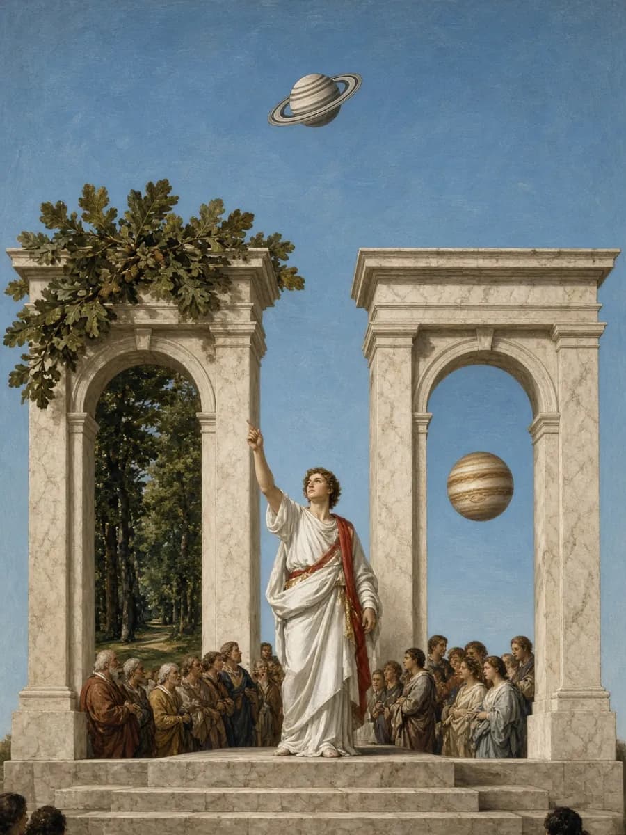 Neoclassical twin marble portals for forest grove and planetary sky