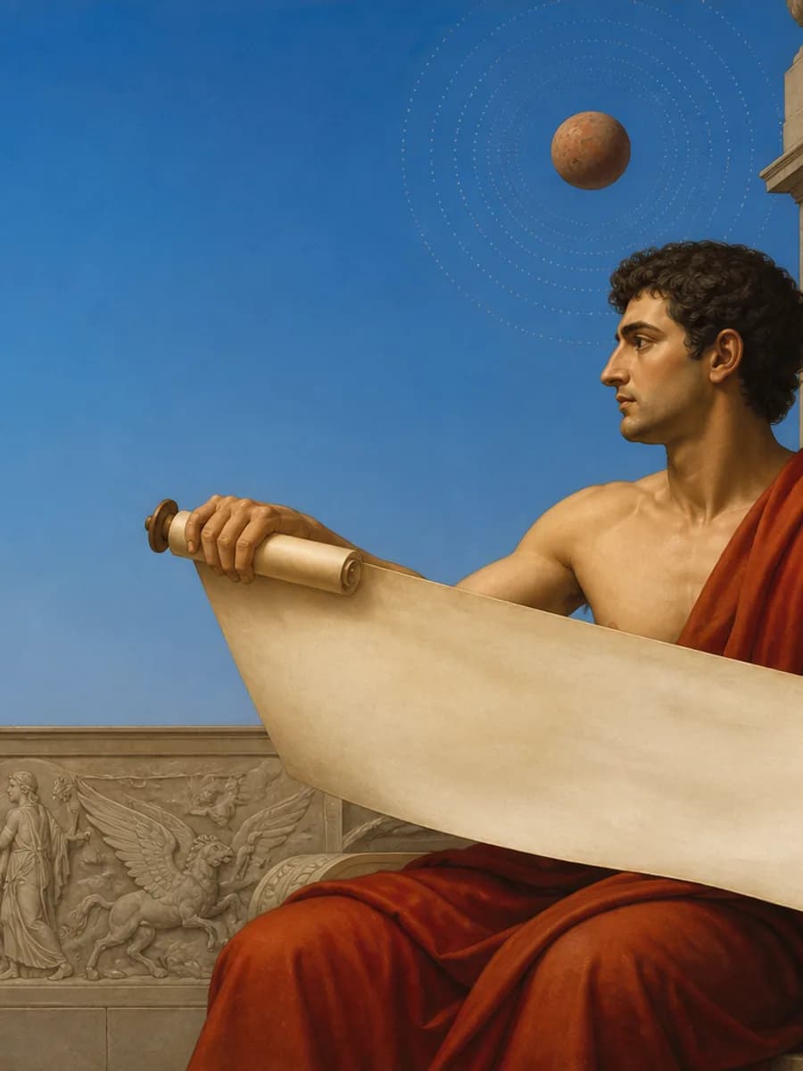 Neoclassical gift messenger with scroll and orbital planet