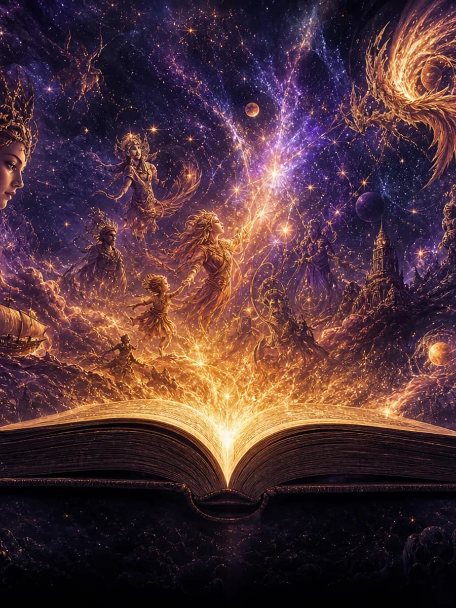 Cosmic story scroll with nebula and ancient symbols