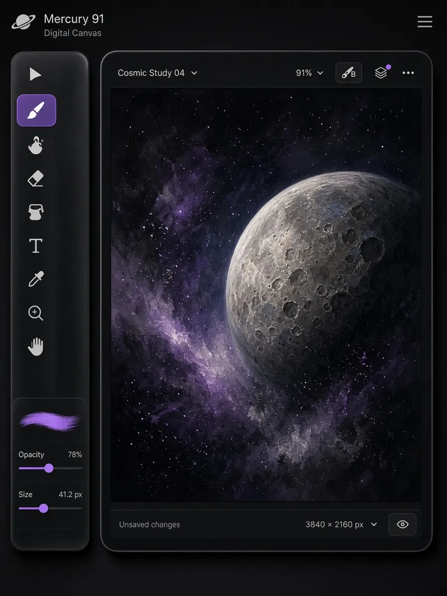Digital Canvas black studio with a purple-selected brush tool