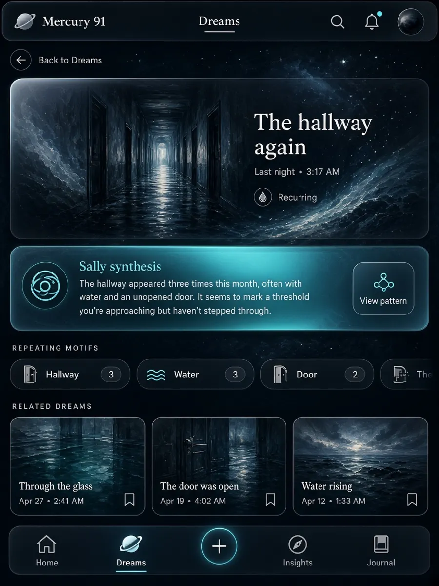 Dream detail showing repeating hallway symbols across recent nights