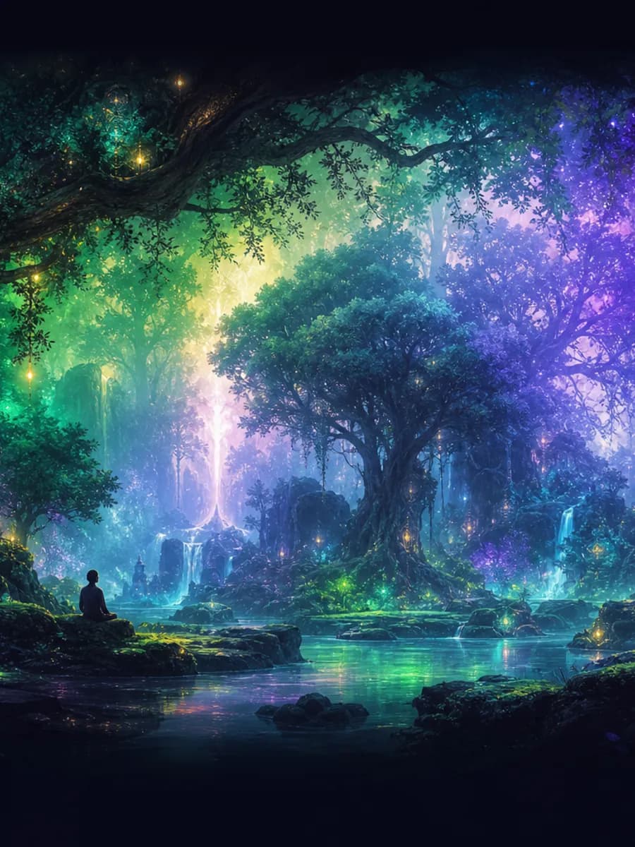 Luminous forest scene from Mercury 91, a calm digital space for presence and exploration