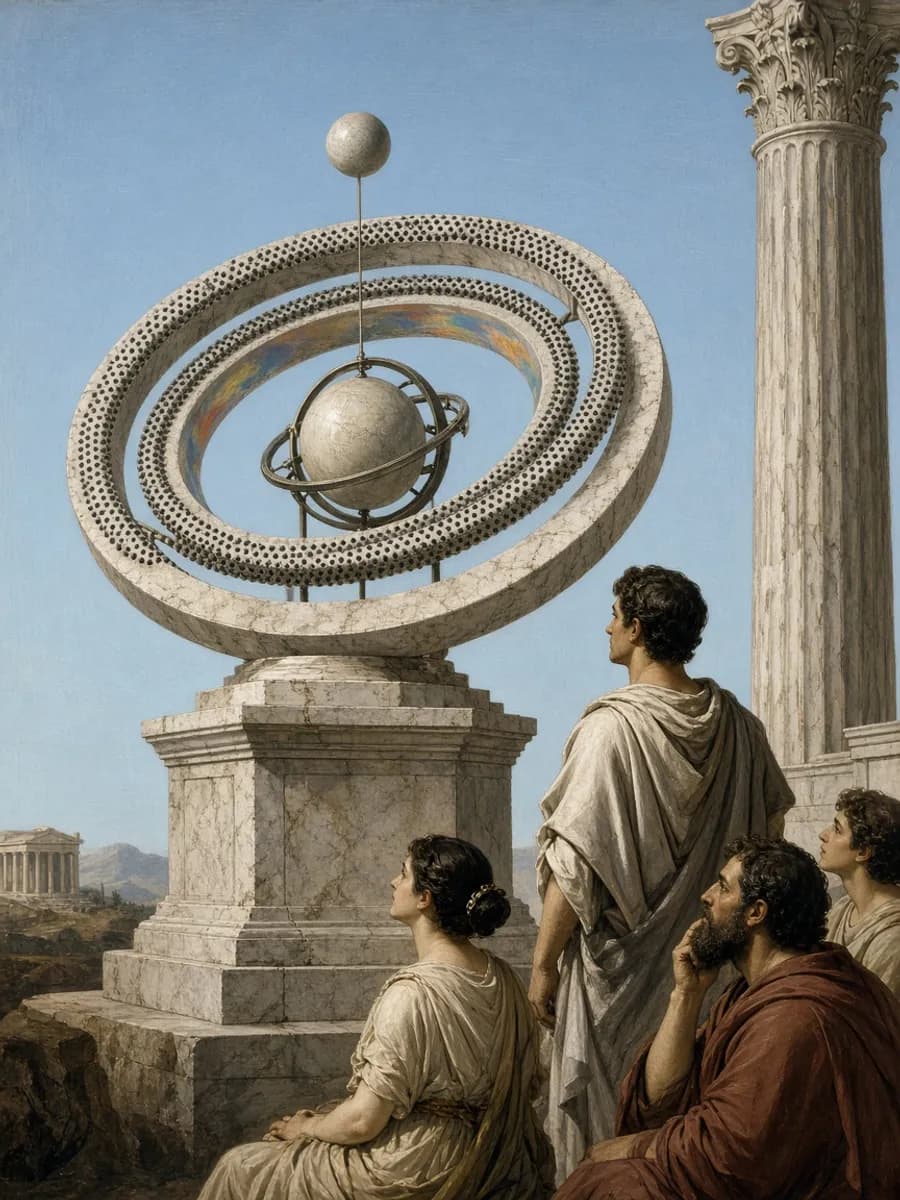 Neoclassical orrery and Mercury planet with halftone broadcast rings