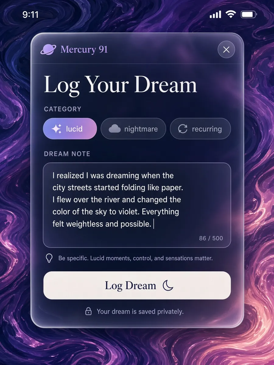 Log Your Dream modal with the Lucid category pill selected