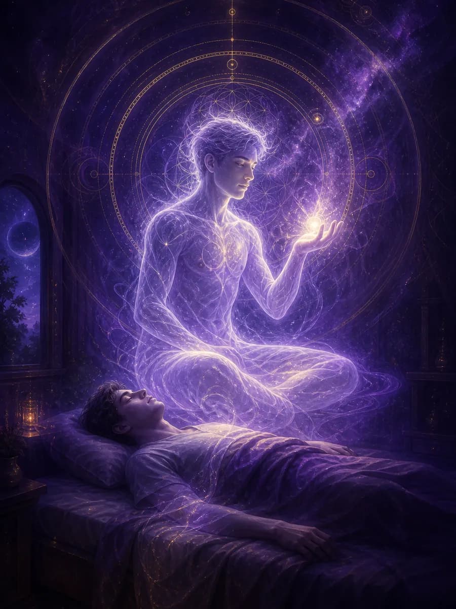 Lucid dreaming art with floating aware figure in a violet dreamscape