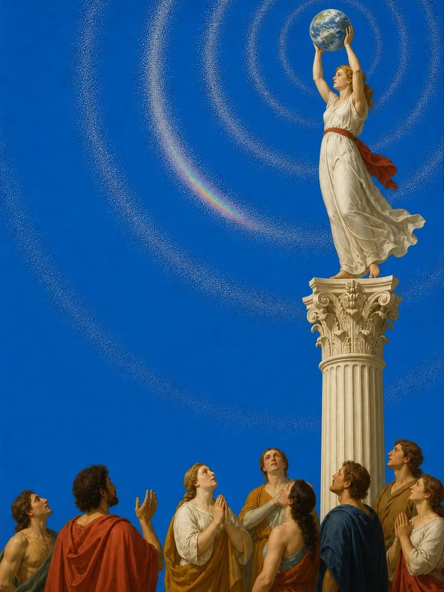 Neoclassical Mercury 91 painting of a herald raising Earth beneath halftone sky rings
