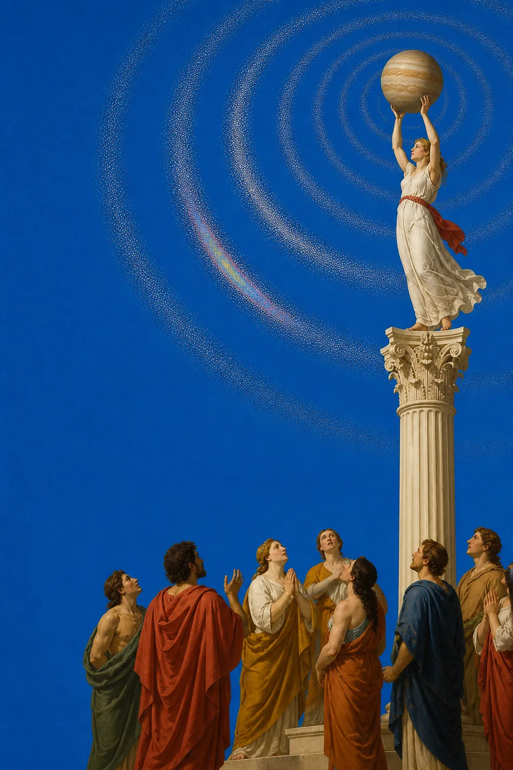 Neoclassical oil painting of Jupiter held aloft above a marble column for creative exploration