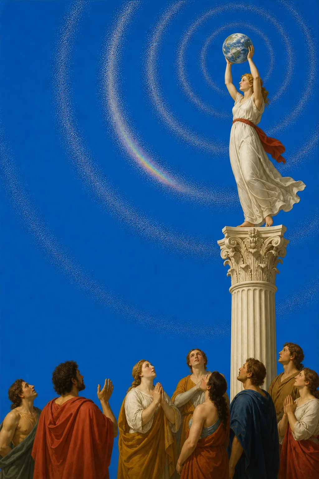 Neoclassical oil painting of Earth held aloft above a marble column for Kindred Sky