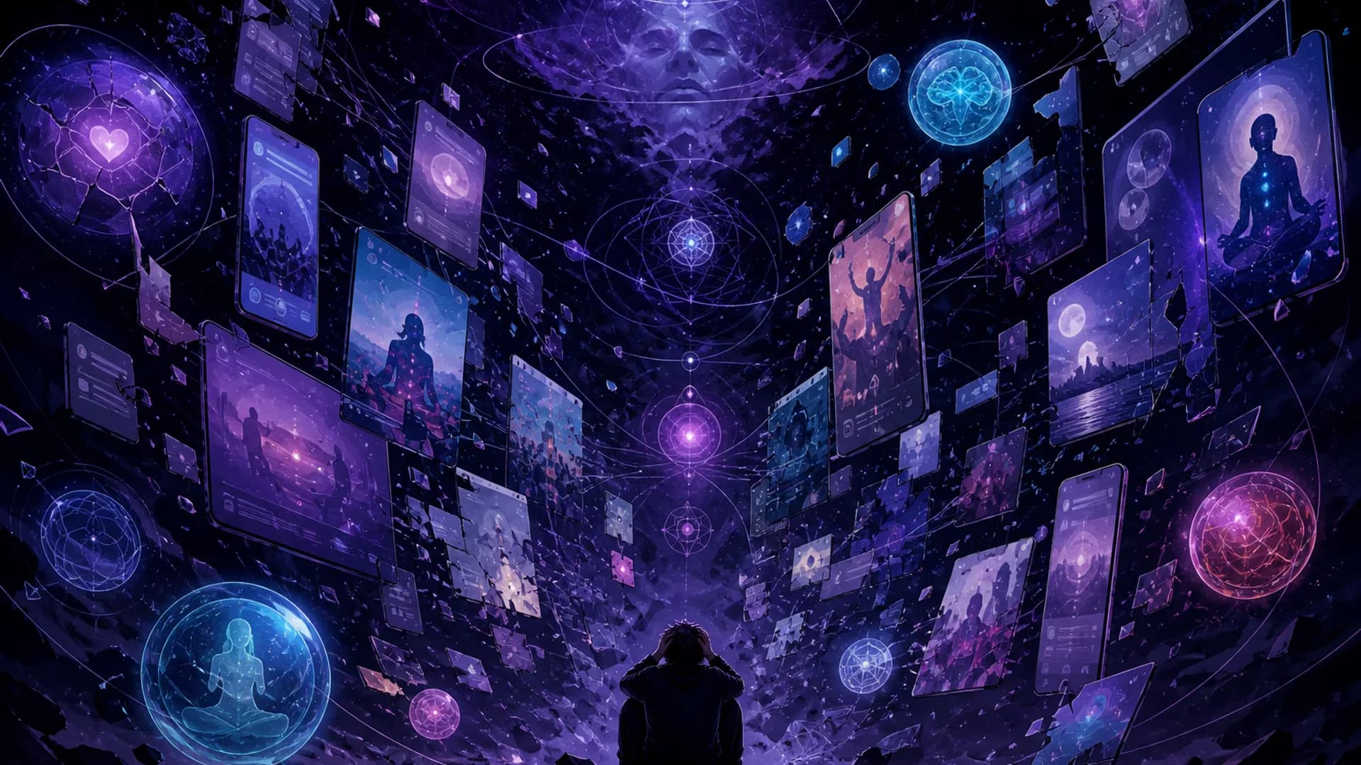 Abstract illustration of fragmented digital wellness and social apps