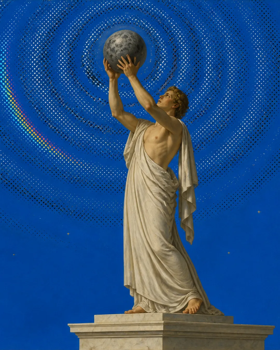 Neoclassical oil painting of a lone classical figure holding a celestial sphere under broadcast rings in a vast painted cosmos